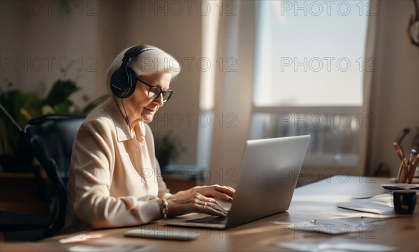 An elderly gray-haired woman in headphones works in the office at a laptop, AI generated