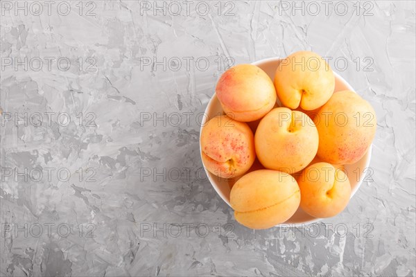 Fresh orange apricots in white bowl on gray concrete background. top view, flat lay, copy space