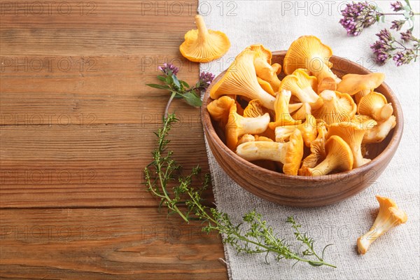 Chanterelle mushrooms in wooden bowl and spice herbs on wooden background with linen textile. side view, copy space, close up
