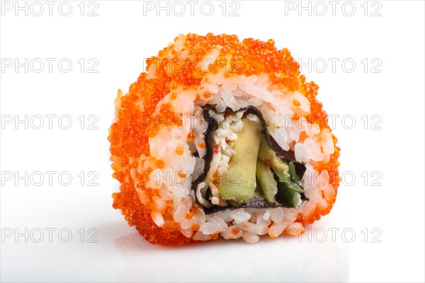 Japanese maki sushi rolls with flying fish roe isolated on white background. Side view, close up, selective focus