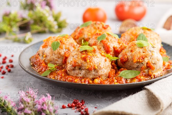 Pork meatballs with tomato sauce, oregano leaves, spices and herbs on blue ceramic plate on a gray concrete background with linen textile. side view, close up, selective focus