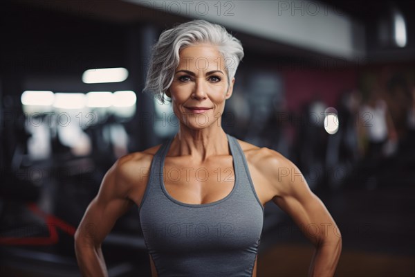 Portrait of fit elderly woman with short grey hair with very muscular arms and sport top in gym. KI generiert, generiert AI generated