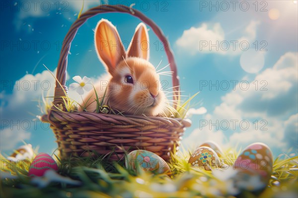Cute Easter bunny sits beside a basket filled with colorful, decorated eggs amidst a vibrant green field under the bright, sunny sky. The festive spirit of Easter and the joy of nature, AI generated