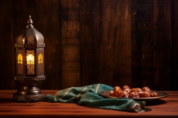 Ramadan lantern with a plate of succulent figs on dark background, set on an ornate table with intricate designs, evoking the rich traditions and serene moments of the holy month, AI generated