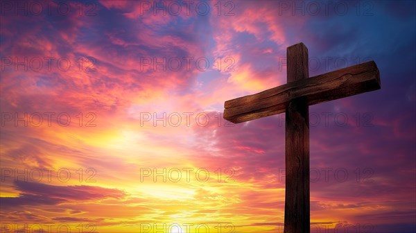 Easter concept cross on Golgotha Calvary hill in sky against a dramatic sunset, AI generated