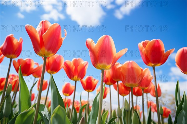 Spring tulip flowers blooming during early spring with blue sky in background. KI generiert, generiert AI generated