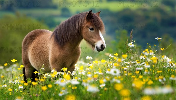 KI generated, animal, animals, mammal, mammals, biotope, habitat, one, individual animal, foraging, wildlife, meadow, pasture, Exmoor pony, horse, horses, ungulates, English pony breed, South West England, Exmoor, (Equus ferus caballus), foal, flower meadow