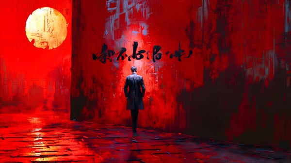 A scene in Hong Kong with a large sun standing over the harbour, in front of it a single pedestrian walking along a red painted wall with black Chinese characters, AI generated, AI generated