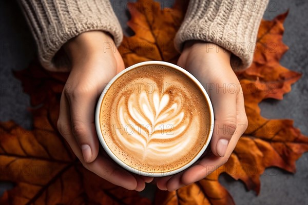 Top view of woman's hands with sweater holding coffee mug with latte art surrounded by autumn leaves. KI generiert, generiert AI generated
