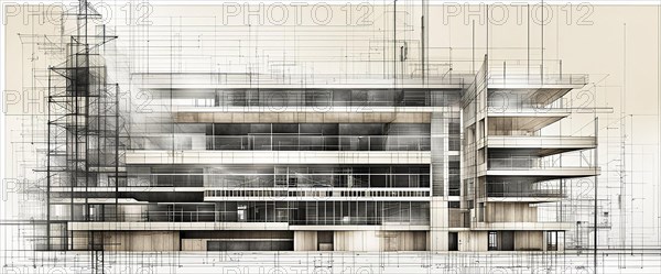 Monochrome architectural schematic of a residential building design, horizontal aspect ratio, off white background color, AI generated