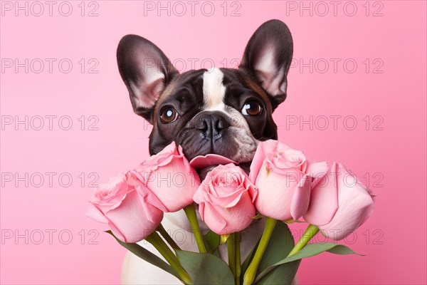 Black and white French Bulldog dog with bouquet of pink rose flowers. KI generiert, generiert AI generated