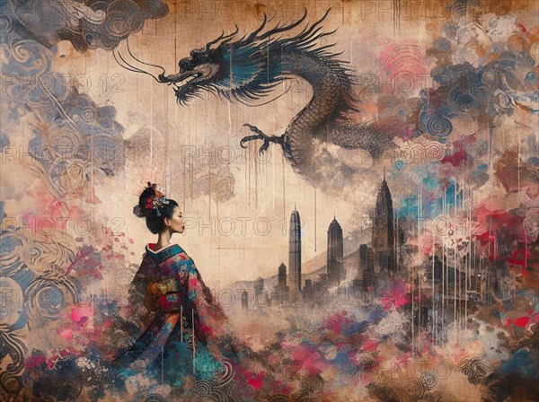 Abstract mural style artwork of a geisha with a dragon among clouds over a cityscape in warm colors, shunga vintage japanese themed style art, AI generated