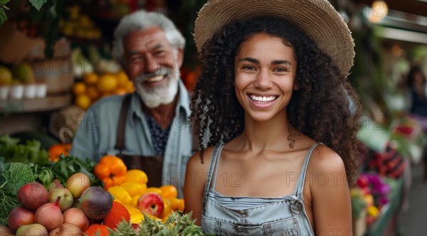 Young woman with a sunny smile wearing a straw hat at an outdoor fruit stand, ai generated, AI generated