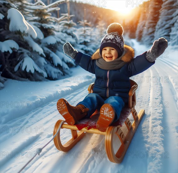 A little boy, about 5 years old, sits on a sledge, a toboggan, and cheers in a snowy landscape, AI generated, AI generated