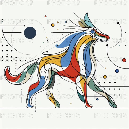 Colorful abstract geometric design of a horse in flowing motion with modern art elements, continuous line art, creature is stylized and simplified to the most basic geometric forms, exaggerated features, adorned with splashes of primary colors, clean white solid background, with subtle geometric shapes and thin, straight lines that intersect with dotted nodes and overlap the figures. The overall aesthetic is modern and contemporary, AI generated