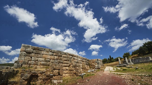 Path leads to ancient walled ruins under a cloudy blue sky, Ancient city wall, Archaeological site, Ancient Messene, Capital of Messinia, Messini, Peloponnese, Greece, Europe