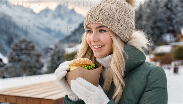 AI generated, human, humans, person, persons, woman, woman, 25, years, one, outdoor, ice, snow, winter, seasons, eats, eating, burger, hamburger, cap, bobble hat, gloves, winter jacket, cold, coldness
