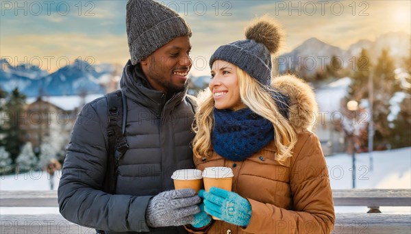 AI generated, human, humans, person, persons, man, woman, woman, 25, 30, years, couple, two persons, outdoor shot, ice, snow, winter, seasons, drinks, drinking, coffee to go, coffee, coffee mug, cap, bobble hat, gloves, winter jacket, cold, coldness