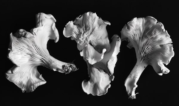 Black and white chanterelle mushrooms on black background. Vintage photo style AI generated