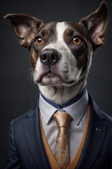 A dog in a formal suit and tie portrays a humorous anthropomorphic character, over grey solid studio background, AI generated