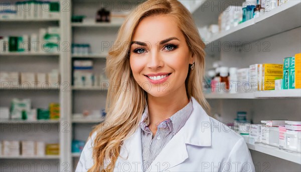 AI generated, A young pharmacist in her pharmacy, portrait, 30, 35, years, female, blonde, blond, blonde, beautiful teeth, smiles, long hair, profession, professions, medicines in the background