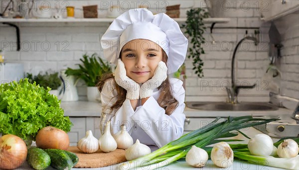 AI generated, human, humans, person, persons, child, children, 8 year old girl cutting onions in a white kitchen, chef hat, smock, cute, cute, beautiful eyes, beautiful teeth, cook, cook, kitchen table, vegetables, onions, garlic