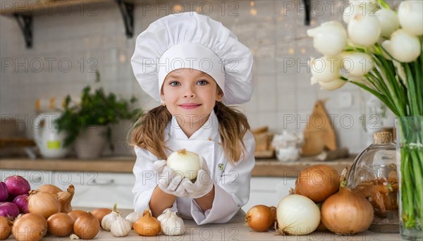 AI generated, human, humans, person, persons, child, children, 8 year old girl cutting onions in a white kitchen, chef hat, smock, cute, cute, beautiful eyes, beautiful teeth, cook, cook, kitchen table, vegetables, onions, garlic