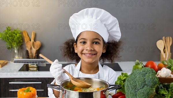 AI generated, human, humans, person, persons, child, children, 8 year old girl cooking a vegetable soup in a white kitchen, chef's hat, smock, cute, cute, cute, beautiful eyes, beautiful teeth, cook, cook, kitchen table, vegetables, onions, garlic