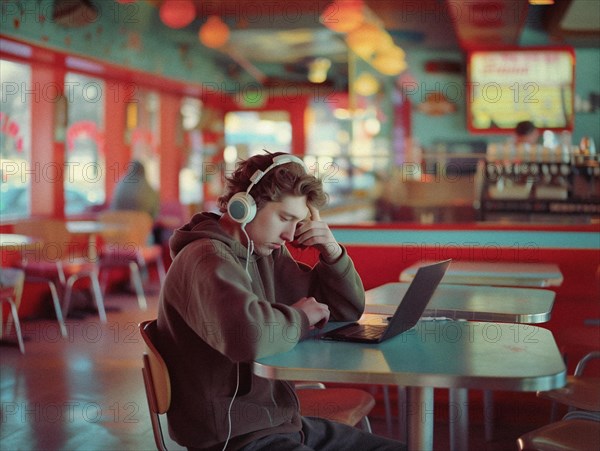 A young man with headphones is focused on his laptop in a colorful retro diner, boy with headphones in restaurant, AI generated