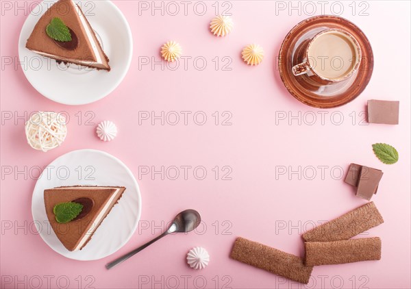 Cake with souffle milk chocolate cream with cup of coffee, meringues on a pink pastel background. top view, flat lay, frame, copy space. breakfast concept