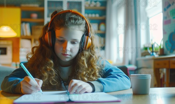 Young girl in headphones studying and writing, focused under a desk lamp's light AI generated