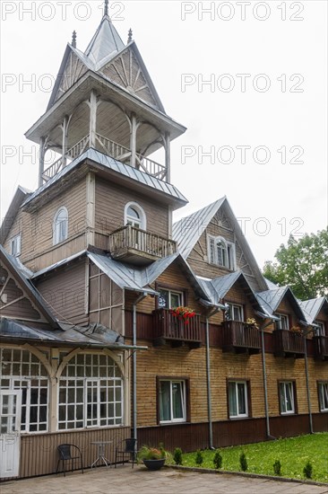 Historical old wooden buildings on the streets of Druskininkai. Lithuania