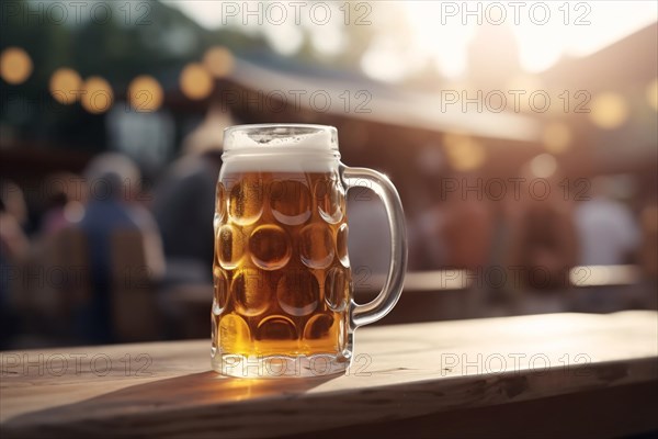 Mug of beer on table in beergarden. KI generiert, generiert AI generated