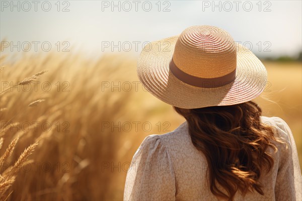 Back view of woman with summer straw hat in front of grain field. KI generiert, generiert AI generated