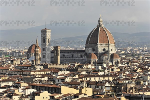 City panorama with Santa Maria del Fiore Cathedral, view from Monte alle Croci, Florence, Tuscany, Italy, Europe