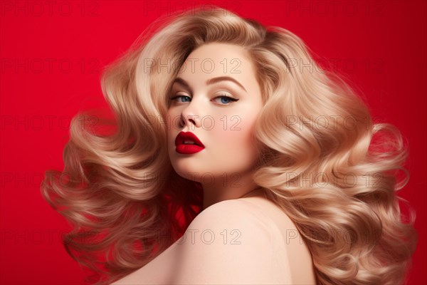Pretty plus size woman with glamourous makeup with red lipstick and long blond hair in front of red background. KI generiert, generiert AI generated