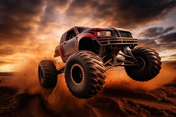 Monster truck driving and jumping outdoors amidst a cloud of dust. Thrill and adrenaline of an outdoor racing event on off-road terrain at dramatic sunset, AI generated