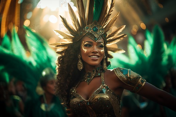 Captivating image capturing the essence of the Rio Carnival, showcasing a dancer adorned in an elaborate, vibrant costume, embodying the spirit and energy of this iconic festival, AI generated