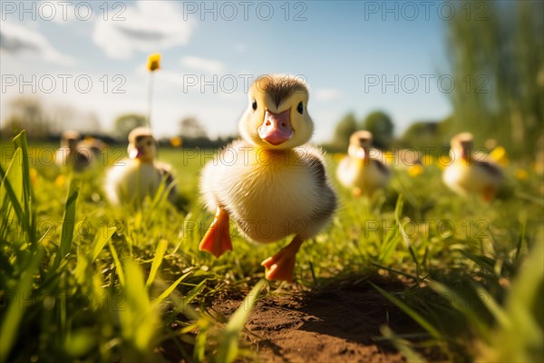 A close-up of a cute duckling standing in a sunlit meadow, with other ducklings and wildflowers in the background, AI generated