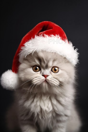 Portrait of cute Persian cat with Santa Claus Christmas hat in front of black background. KI generiert, generiert AI generated
