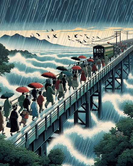 Artistic illustration of commuters walking on a bridge crossing a river, with umbrellas during a sudden rain with a train passing by, AI generated