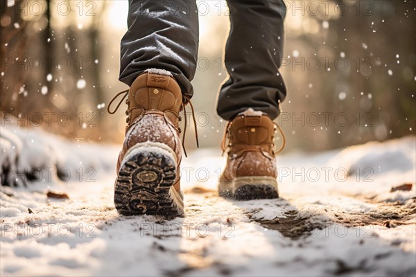 Back view of man's feet in hiking boots in snow. KI generiert, generiert AI generated