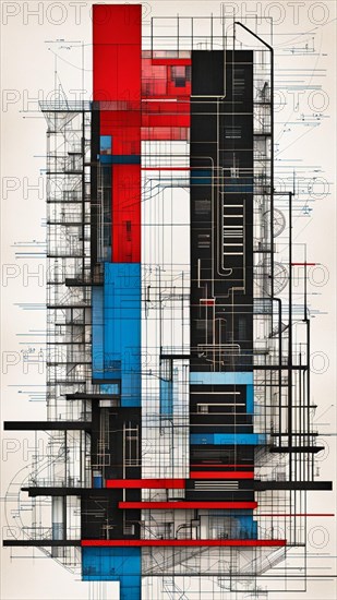 A stylized abstract artwork with architectural blueprint elements in red, black, and white, vertical aspect ratio, off white background color AI generated