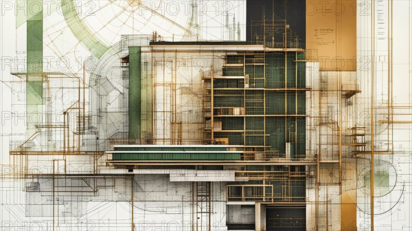 Technical illustration of a modern building with green and beige overlay palette, horizontal aspect ratio, off white background color, AI generated