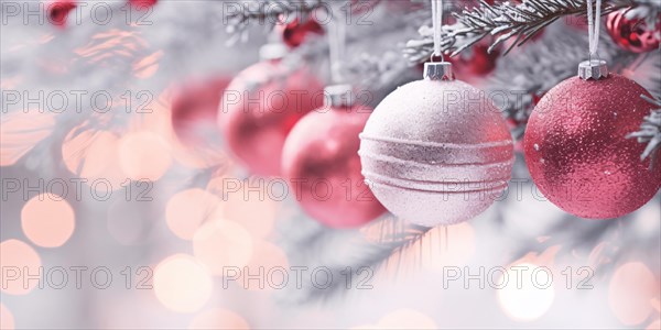 Beautiful frosted pink and silver Christmas tree baubles on tree with snow. KI generiert, generiert AI generated