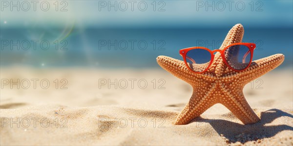 Banner with funny starfish with red sunglasses on sandy beach with ocean in background. KI generiert, generiert AI generated
