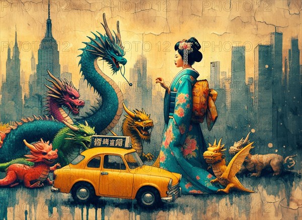 A vintage-style fantasy mural of a geisha with dragons in a colorful skyline cityscape, shunga vintage japanese themed style art, AI generated