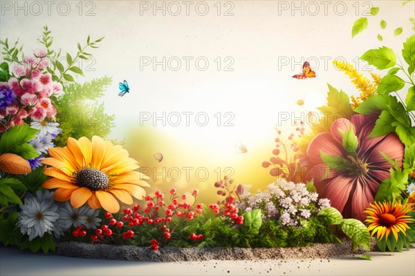 Cheerful bouquet of colorful garden flowers with butterflies on a white background, Spring garden background illustration, generated ai, AI generated