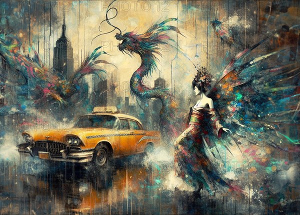 Surreal artwork of a winged figure by a vintage car against a city backdrop, japanese themed shunga style based, AI Generated, AI generated