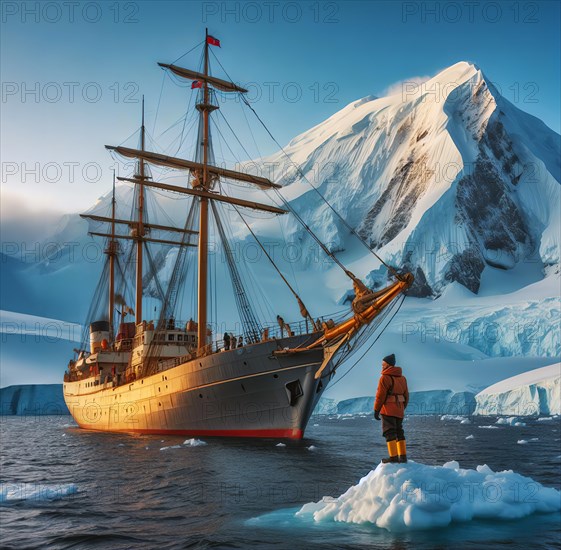 The research vessel of a polar expedition anchors off the snow-covered coast of Antarctica, symbolic image polar research, AI generated, AI generated